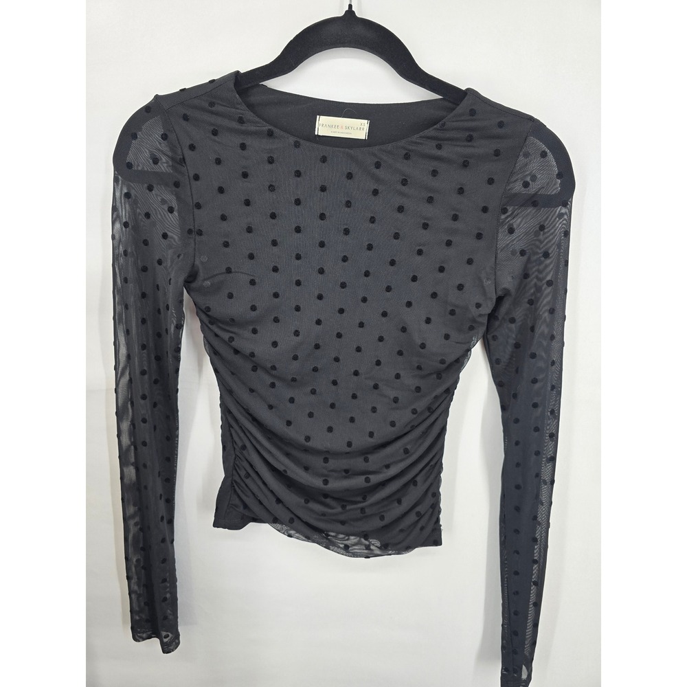Frankee & Skylarr Black Mesh Polka Dot Ruched Long Sleeve Top XS